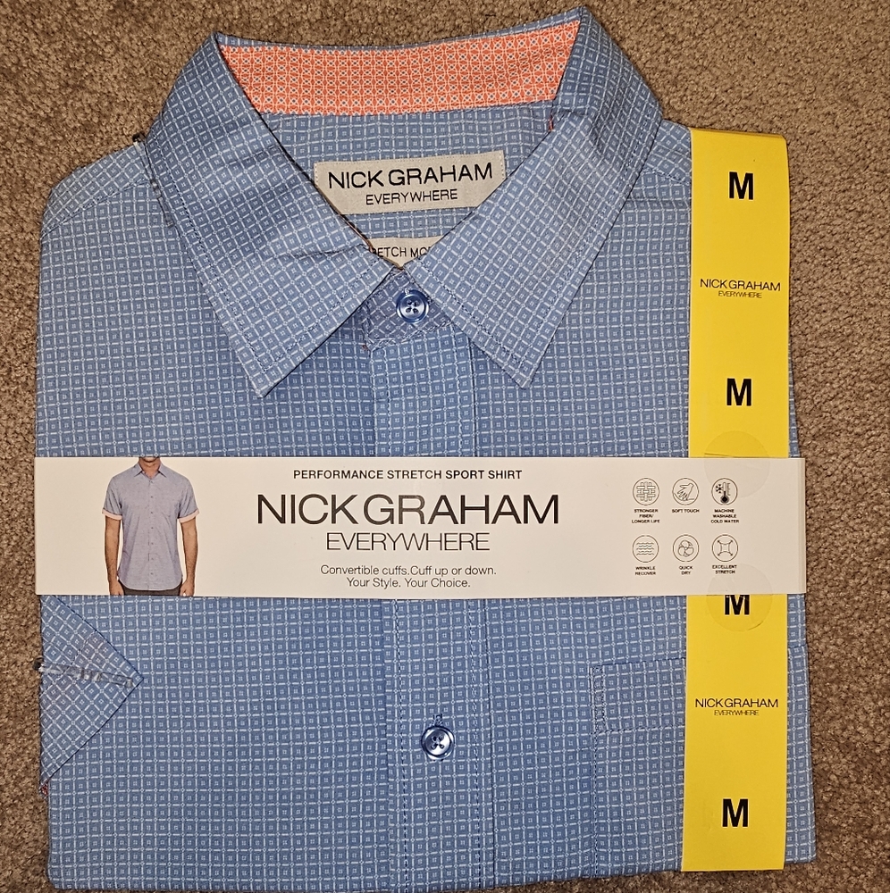 Nick Graham Men's Performance Stretch Sport Short Sleeve Woven Shirt (Blue, M)